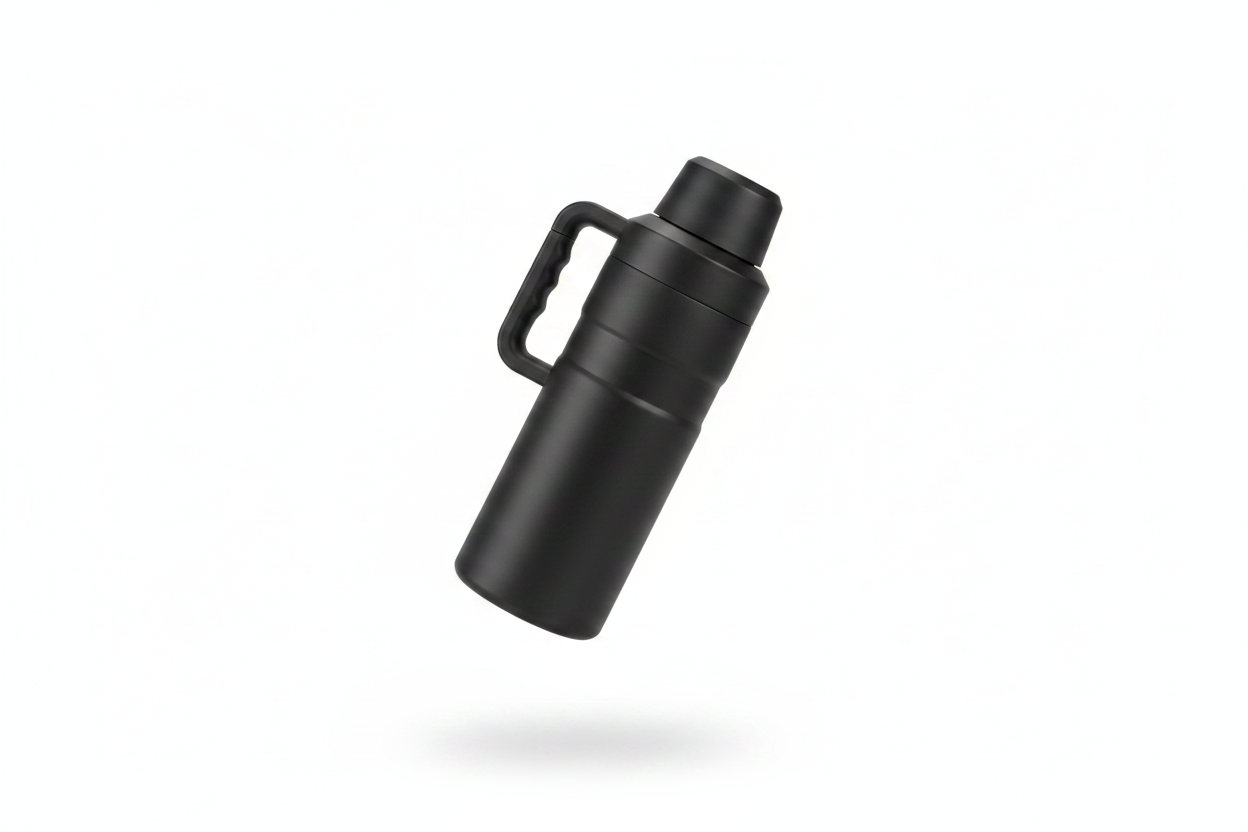 Premium Black Insulated Water Bottle - Minimal Levitation Clean Advertising Composition