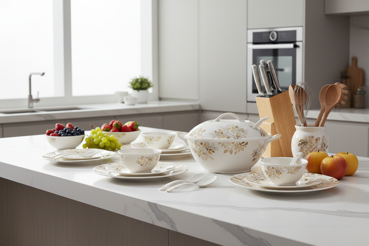 White Gold Floral Ceramic Dinner Set - Luxury Kitchen Counter with Fruits