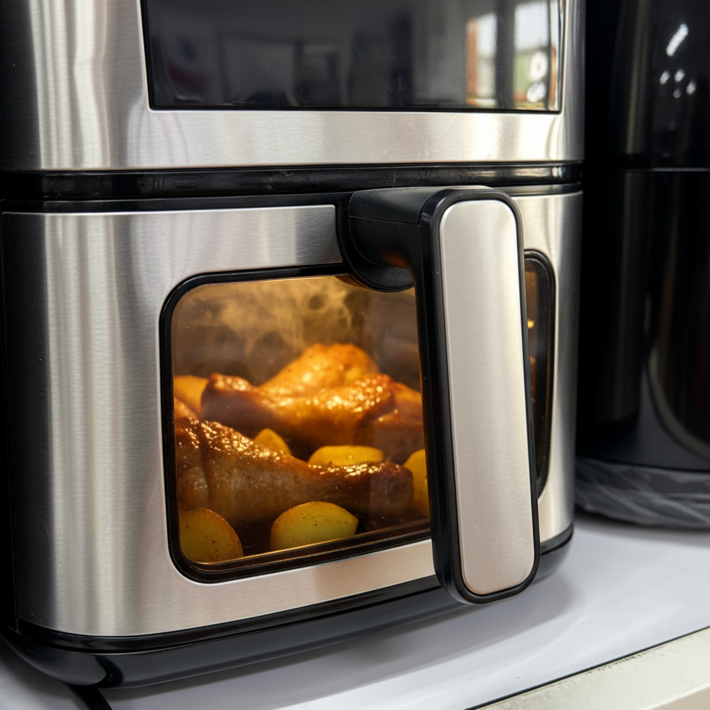 Stainless steel air fryer - close-up glass viewing window