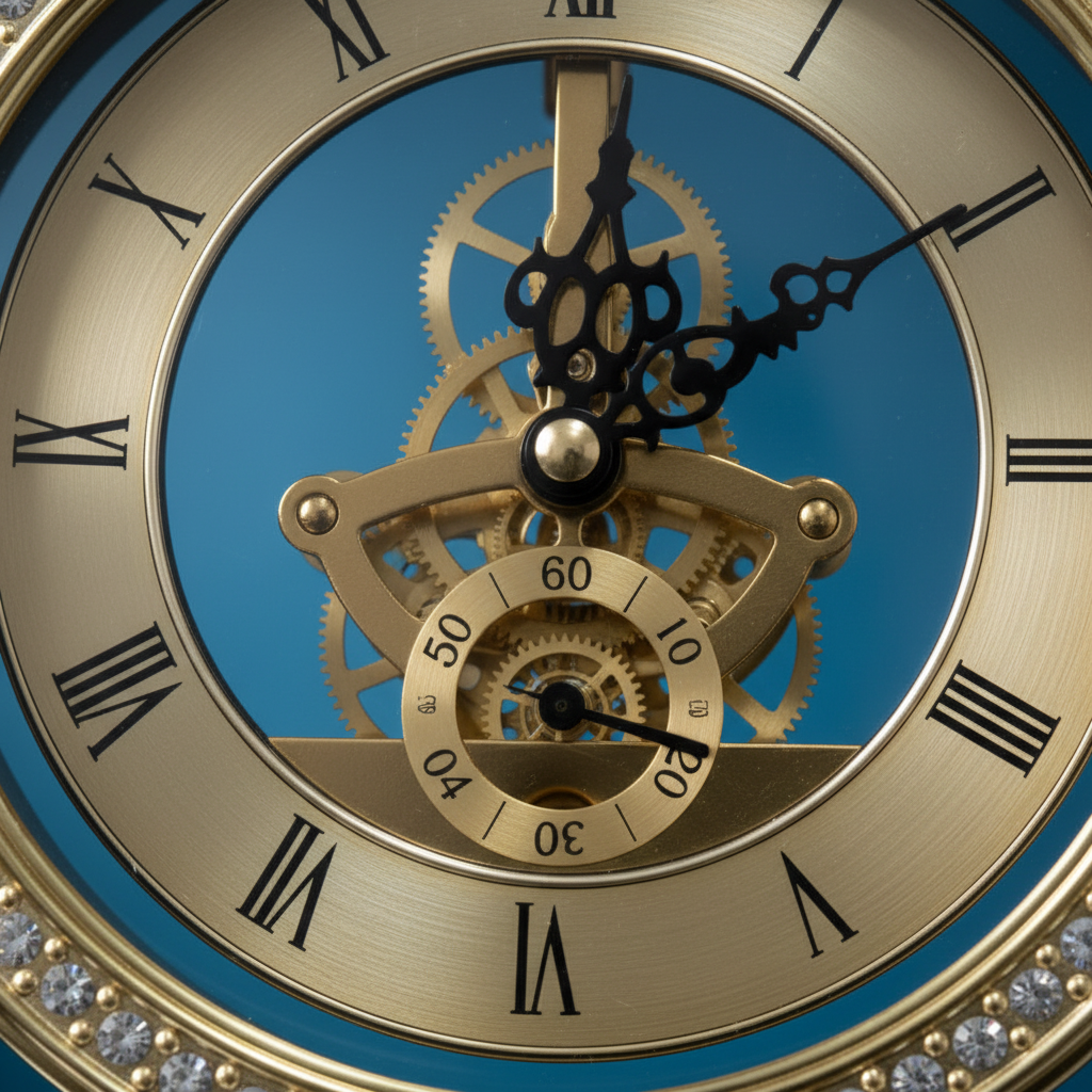 Nautical Ship Wheel Skeleton Clock - Gear Close-up Blue BG