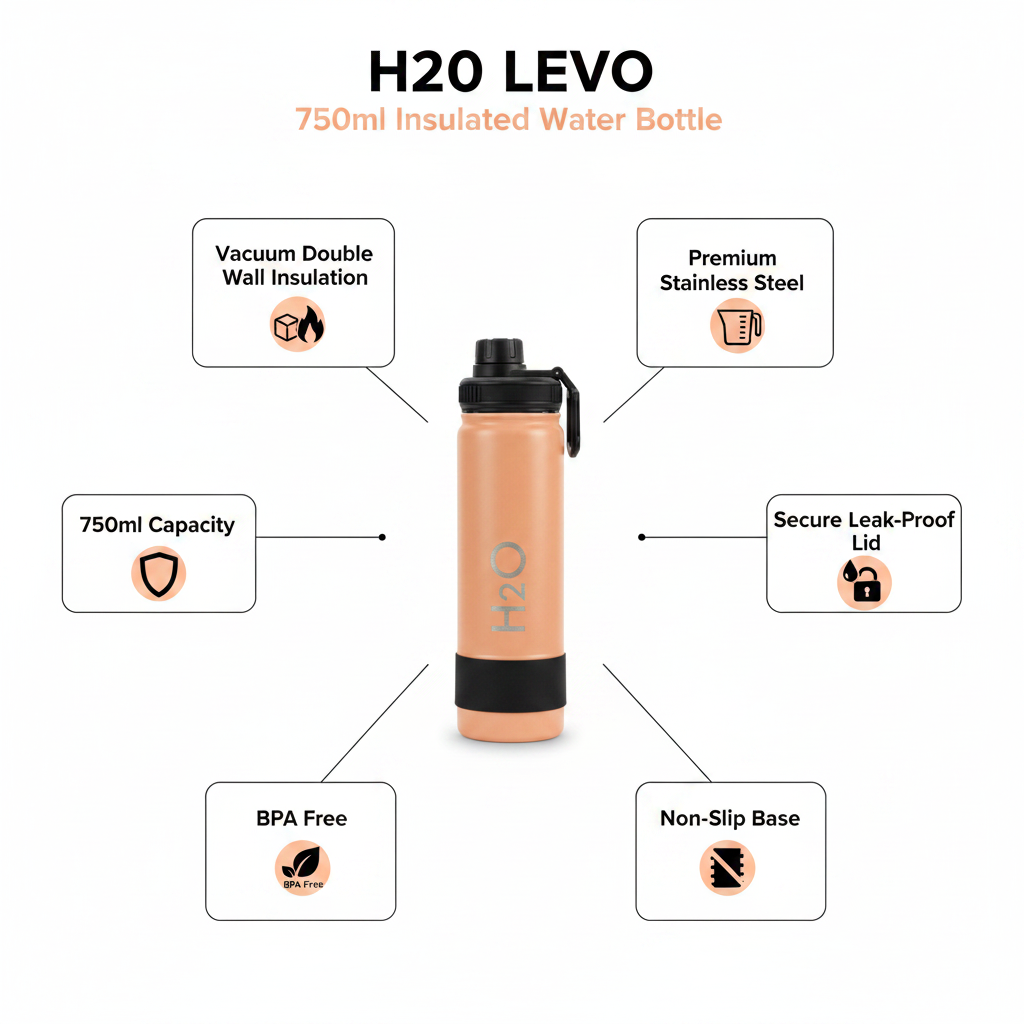 H2O LEVO 750ml bottle - infographic with key features