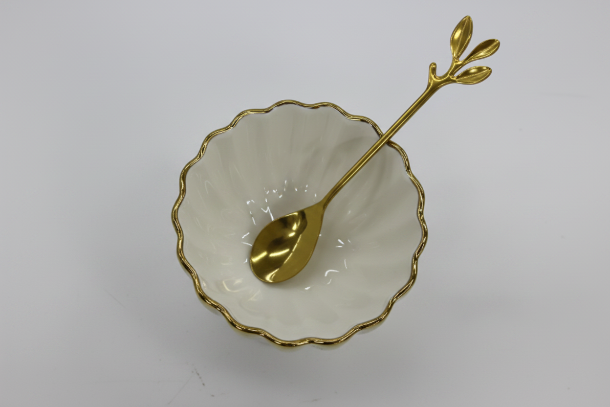 White Gold Ceramic Bowl Top View with Gold Flower Spoon