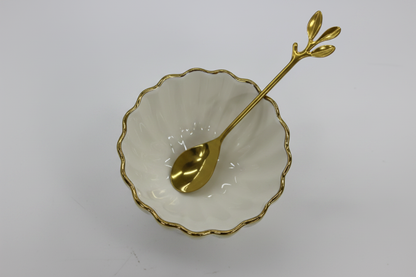 White Gold Ceramic Bowl Top View with Gold Flower Spoon
