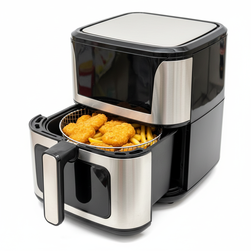 Stainless steel air fryer - basket open with food
