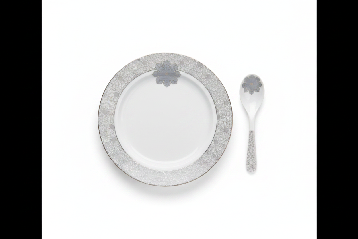 White Silver Lace Ceramic Plate Set - Minimal White Background Studio Shot
