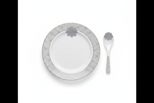 White Silver Lace Ceramic Plate Set - Minimal White Background Studio Shot