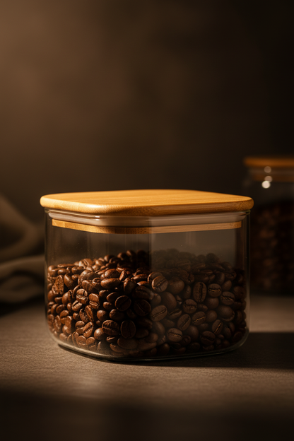 Born Chef Square Glass Jar - Moody Dark Background with Coffee Beans
