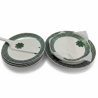 Green Clover Ceramic Plates Stack with Spatula - White Background