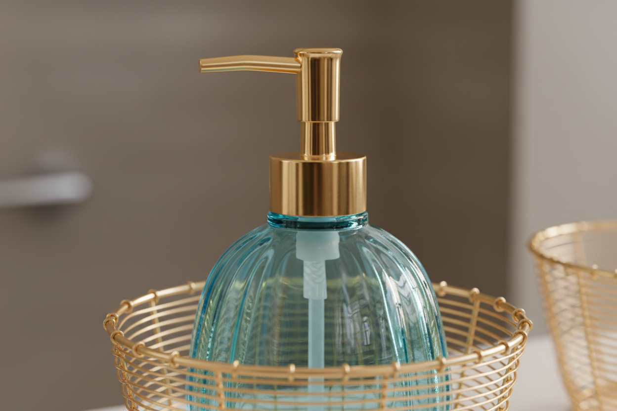Aqua Blue Glass Soap Dispenser - Ribbed Texture and Golden Wire Basket Macro Detail