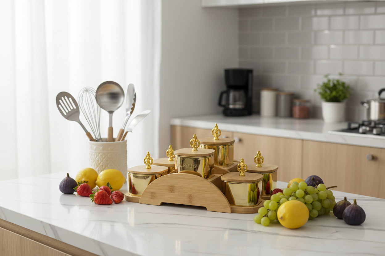 Gold Canister Set - Modern Kitchen Setup with Fruits and Utensils