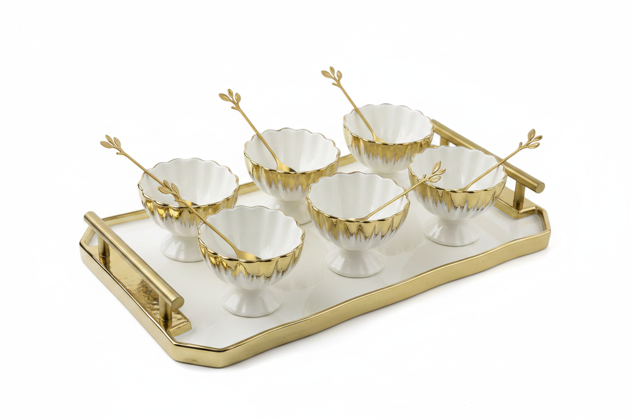 Born Chef White Gold Ceramic Bowl Set Full View on Tray