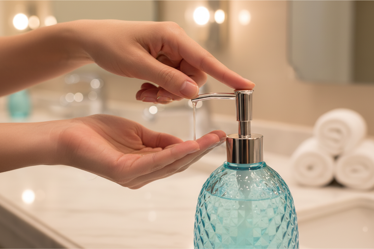 Aqua Blue Glass Soap Dispenser - Hand Pressing Silver Pump with Soap Flowing