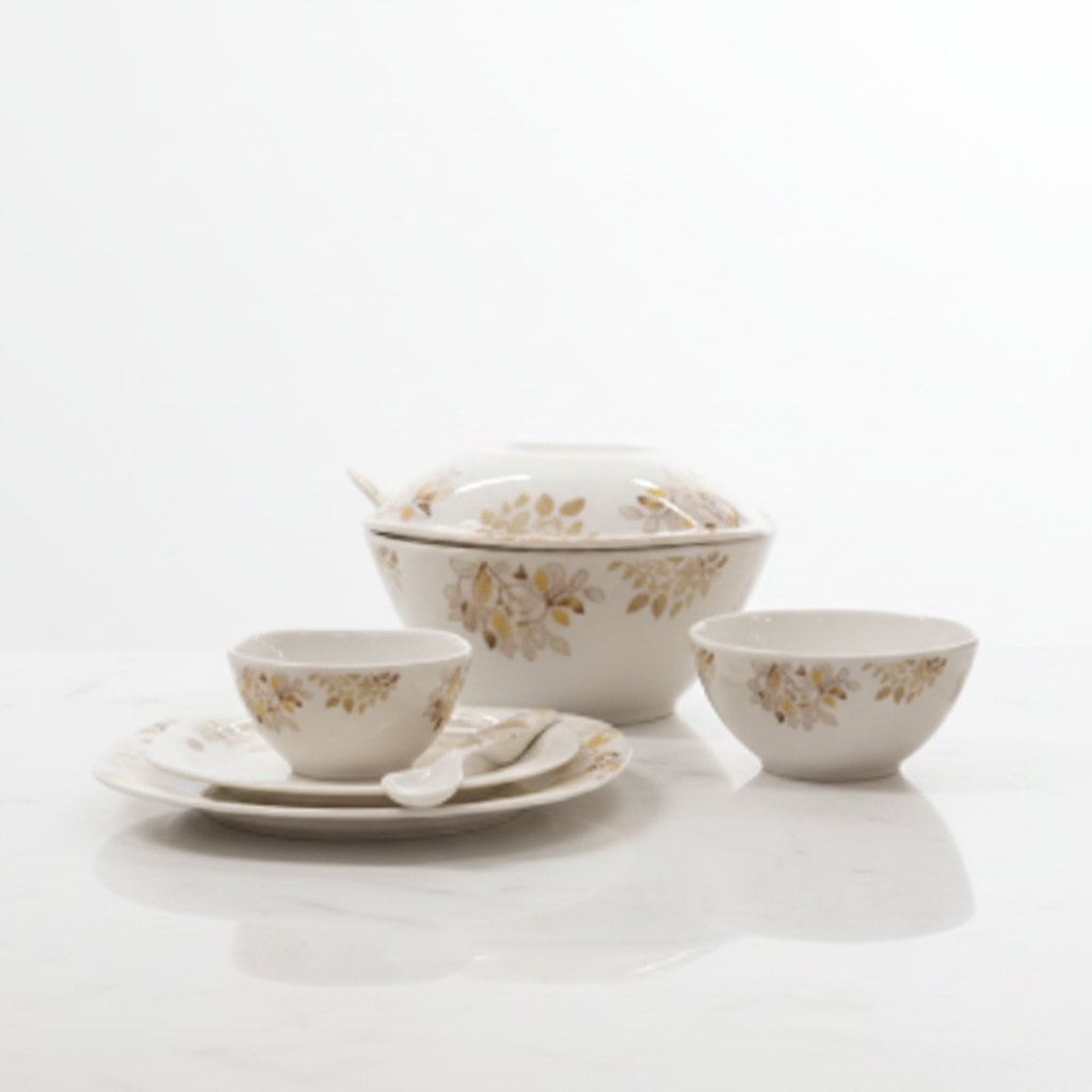 Premium White & Gold Floral Ceramic Dinner Set – Elegant Porcelain | Gift Ready