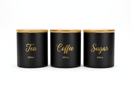 Born Chef 3 Black Glass Jars Tea Coffee Sugar with Bamboo Lids White Background