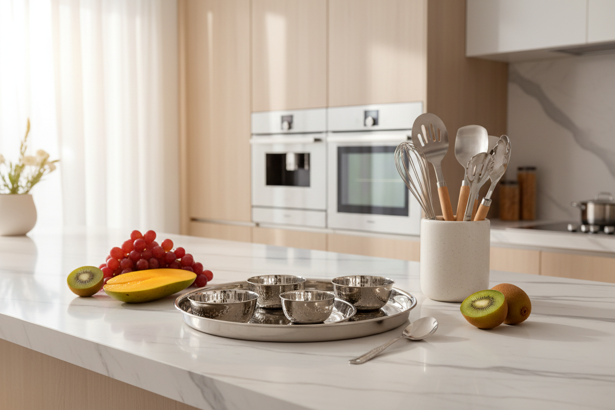 Stainless Steel Thali Set - Luxury Kitchen Counter with Fruits