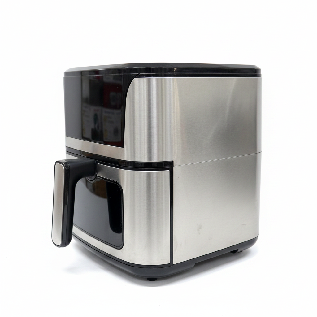 Stainless steel air fryer - side angle view