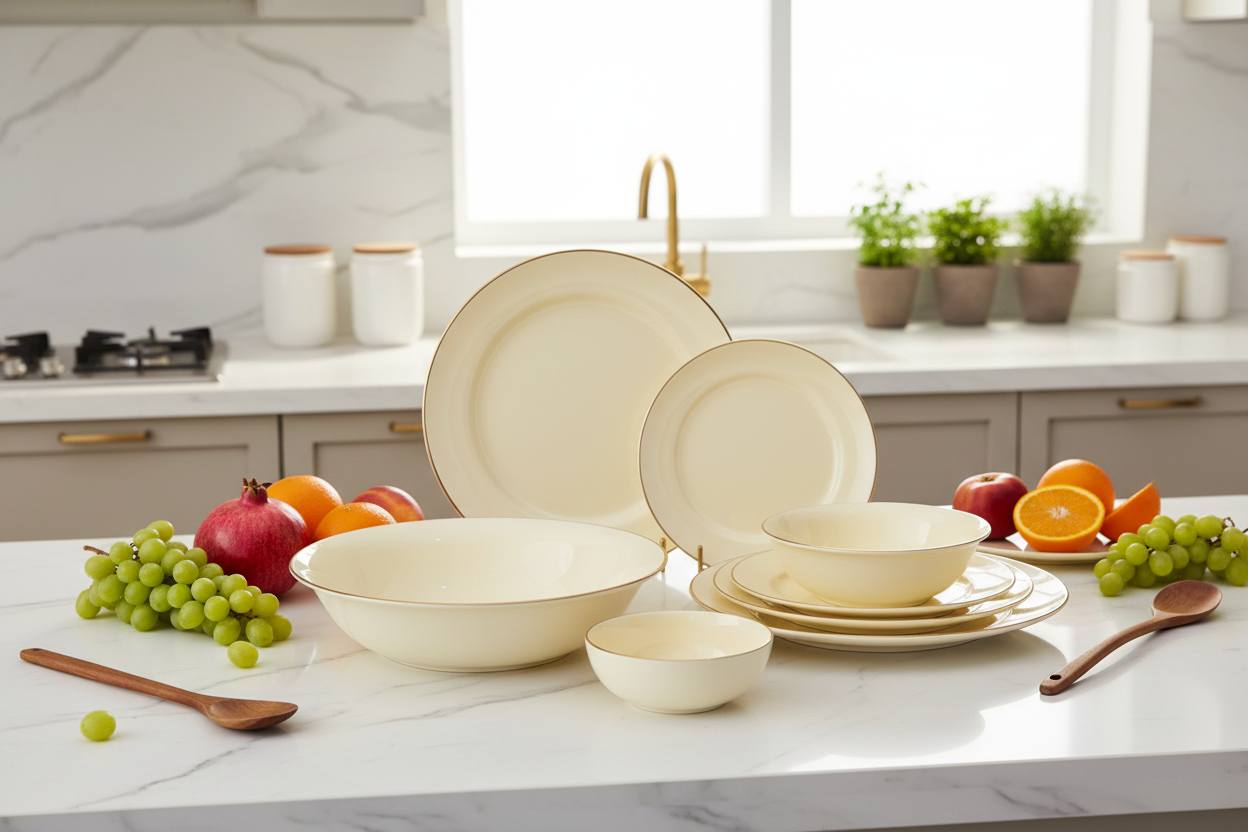 Premium Ceramic Dinner Plate Set - Luxury Kitchen Counter with Fruits and Utensils