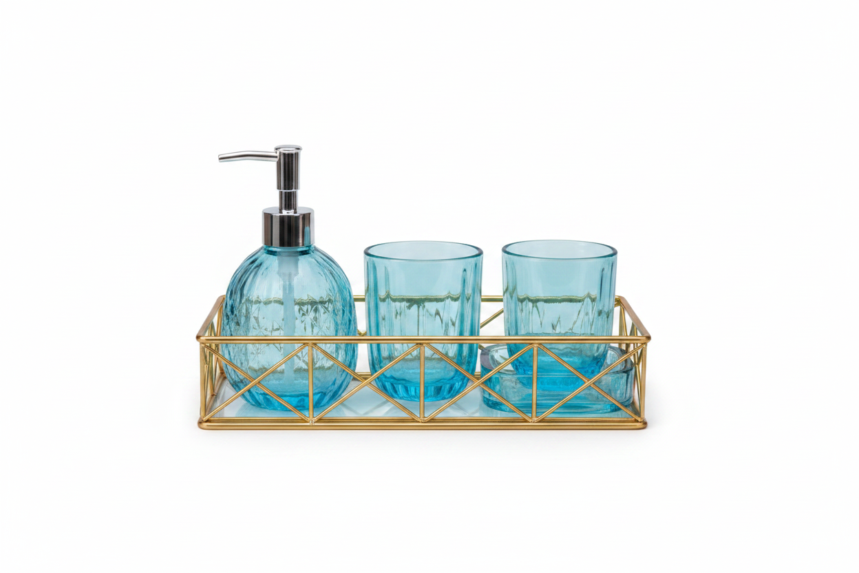 Aqua Blue Ribbed Glass Bathroom Set in Golden Wire Basket - White Background Studio Shot