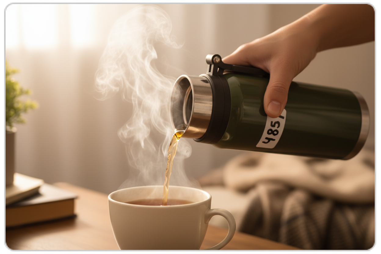 Green Thermos Flask - Hand Pouring Hot Tea with Steam Rising