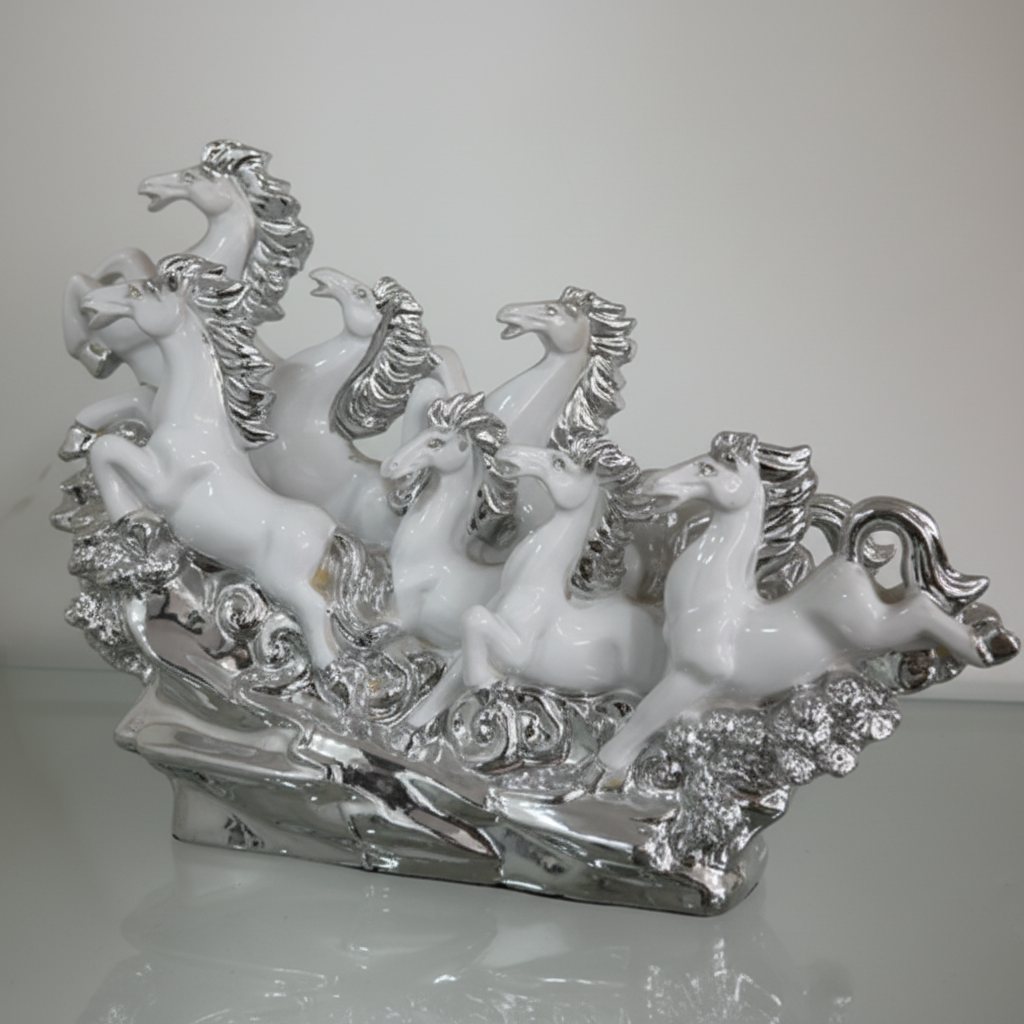 White silver seven horses figurine three quarter view