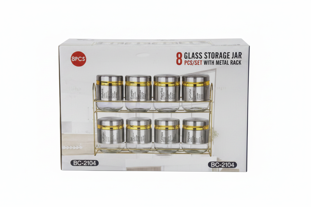 Born Chef BC-2104 Glass Storage Jar 8 Pcs Set Product Box White Background