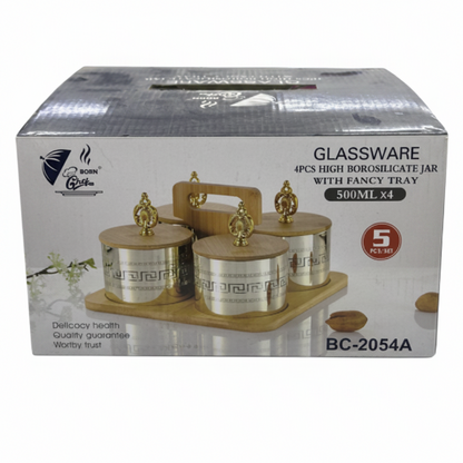 Born Chef BC-2054A Glassware 4 Pcs Borosilicate Jar Fancy Tray Product Box White Background