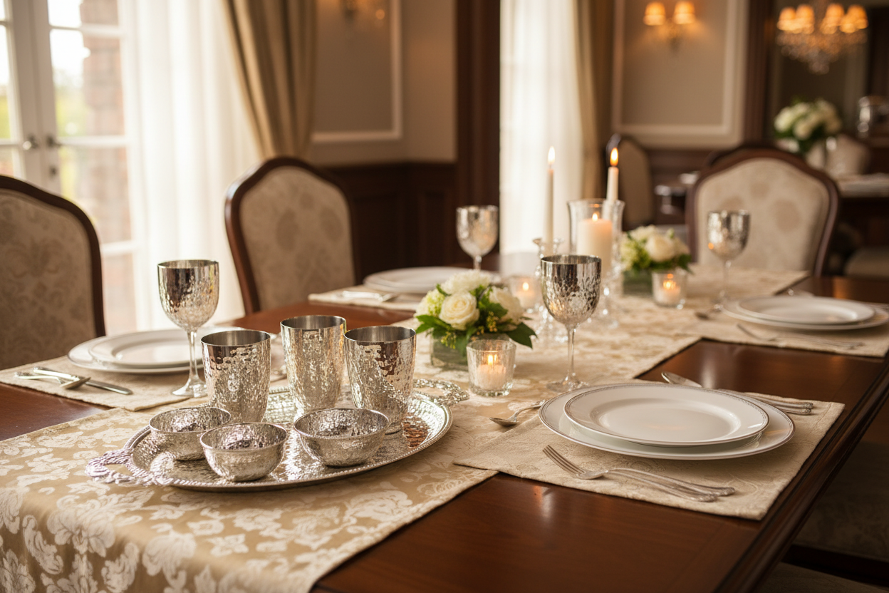 Silver Embossed Steel Drinkware Set - Dining Table Setup with Plates and Cutlery