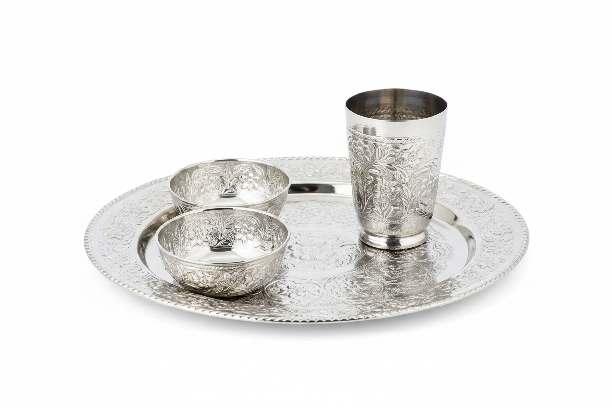 Silver Embossed Steel Drinkware Set - Minimal White Background Studio Shot