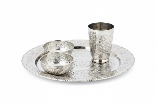 Silver Embossed Steel Drinkware Set - Minimal White Background Studio Shot