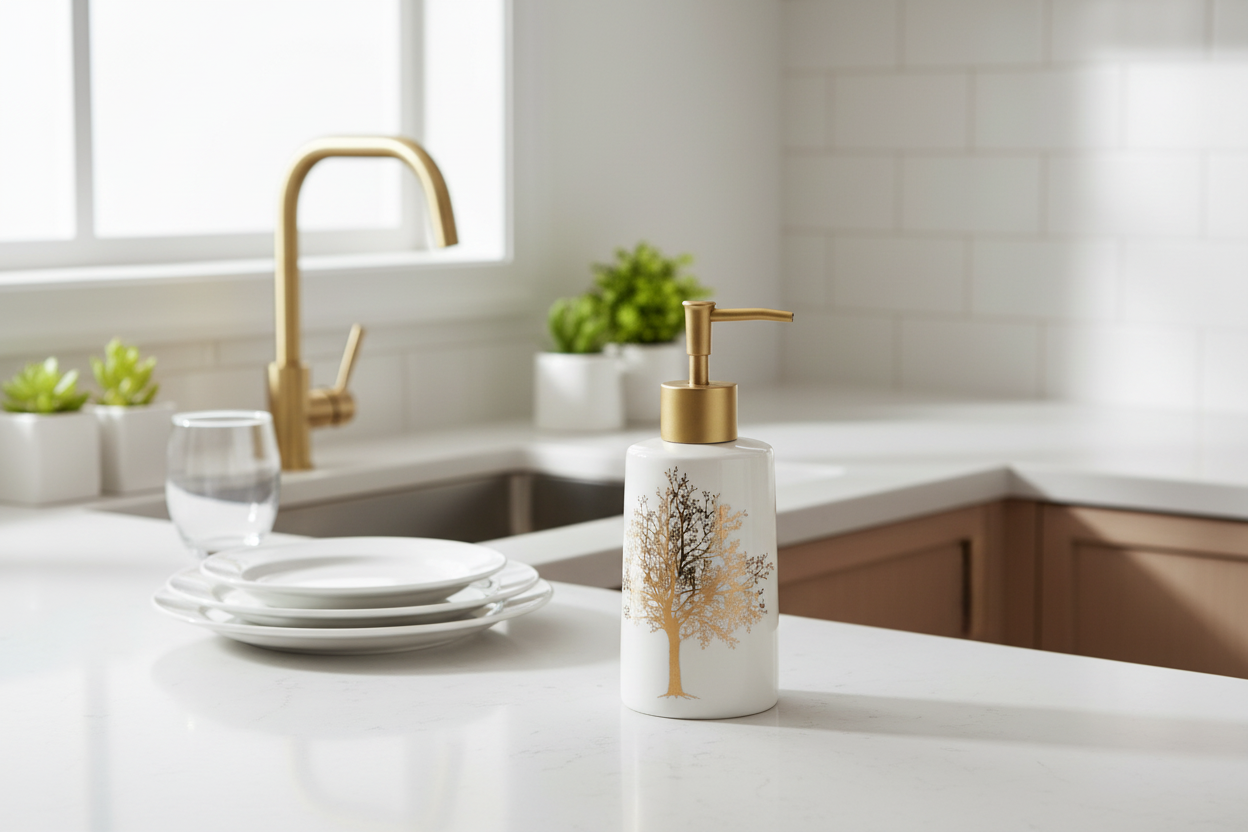 Ceramic Soap Dispenser - Kitchen Sink Scene with Dishes and Plants