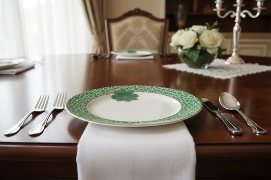 White Green Floral Ceramic Plate - Dining Table Setup with Cutlery and Napkins