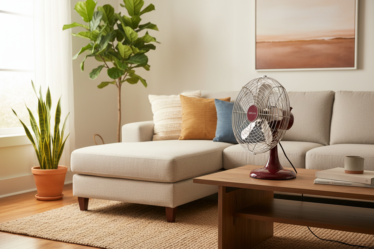 Table Fan Maroon - Living Room Lifestyle Shot