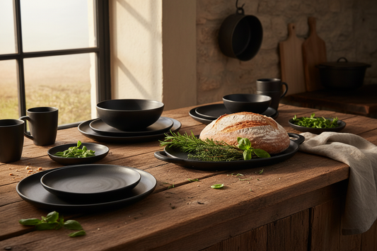 Rustic Kitchen Scene - Black oval dinnerware on wooden counter with bread and herbs, natural daylight