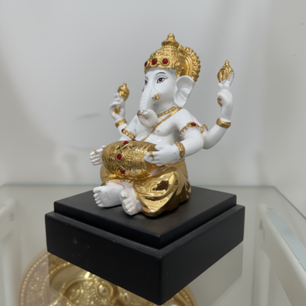 Gold White Ganesha Idol Three Quarter Angle