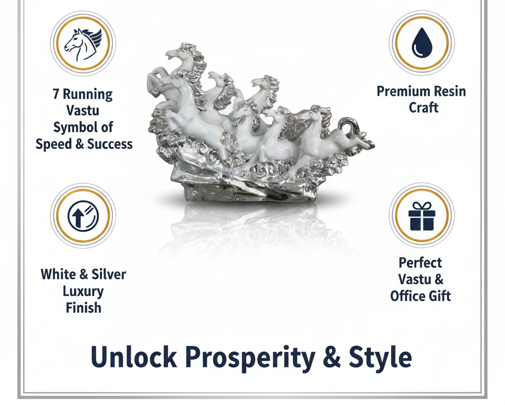 White silver seven horses figurine benefits infographic Amazon India