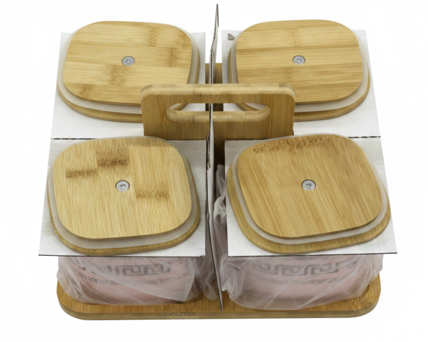 Born Chef BC-2058 4 Rose Gold Jars Bamboo Tray White Background No Plastic