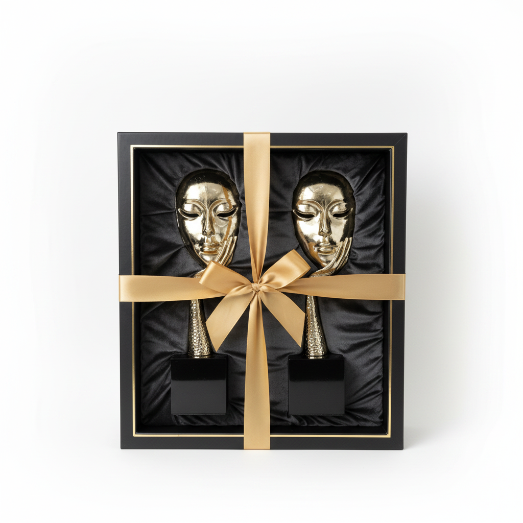Gold face mask sculpture in luxury gift box