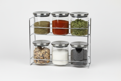 6 Glass Canister Set on Metal Stand - White Background