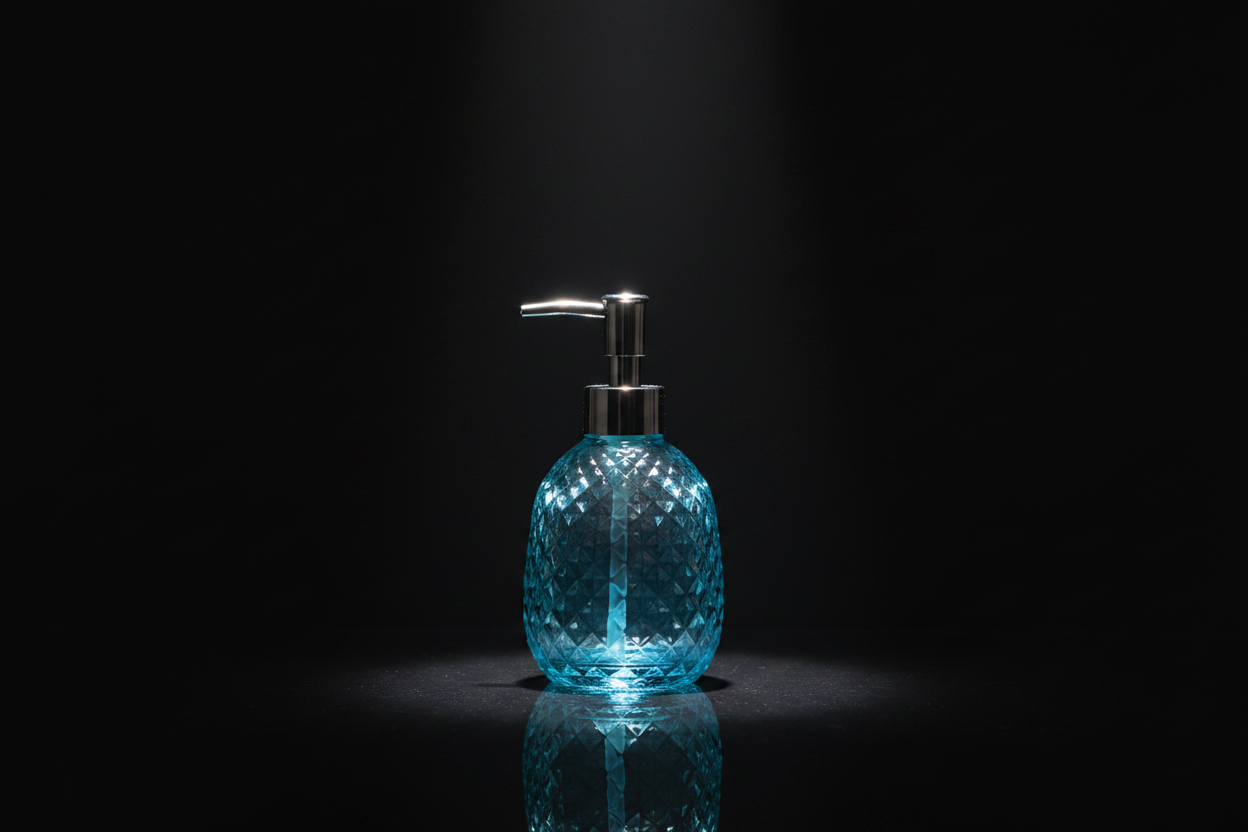 Aqua Blue Glass Soap Dispenser - Luxury Spotlight on Glossy Reflective Surface