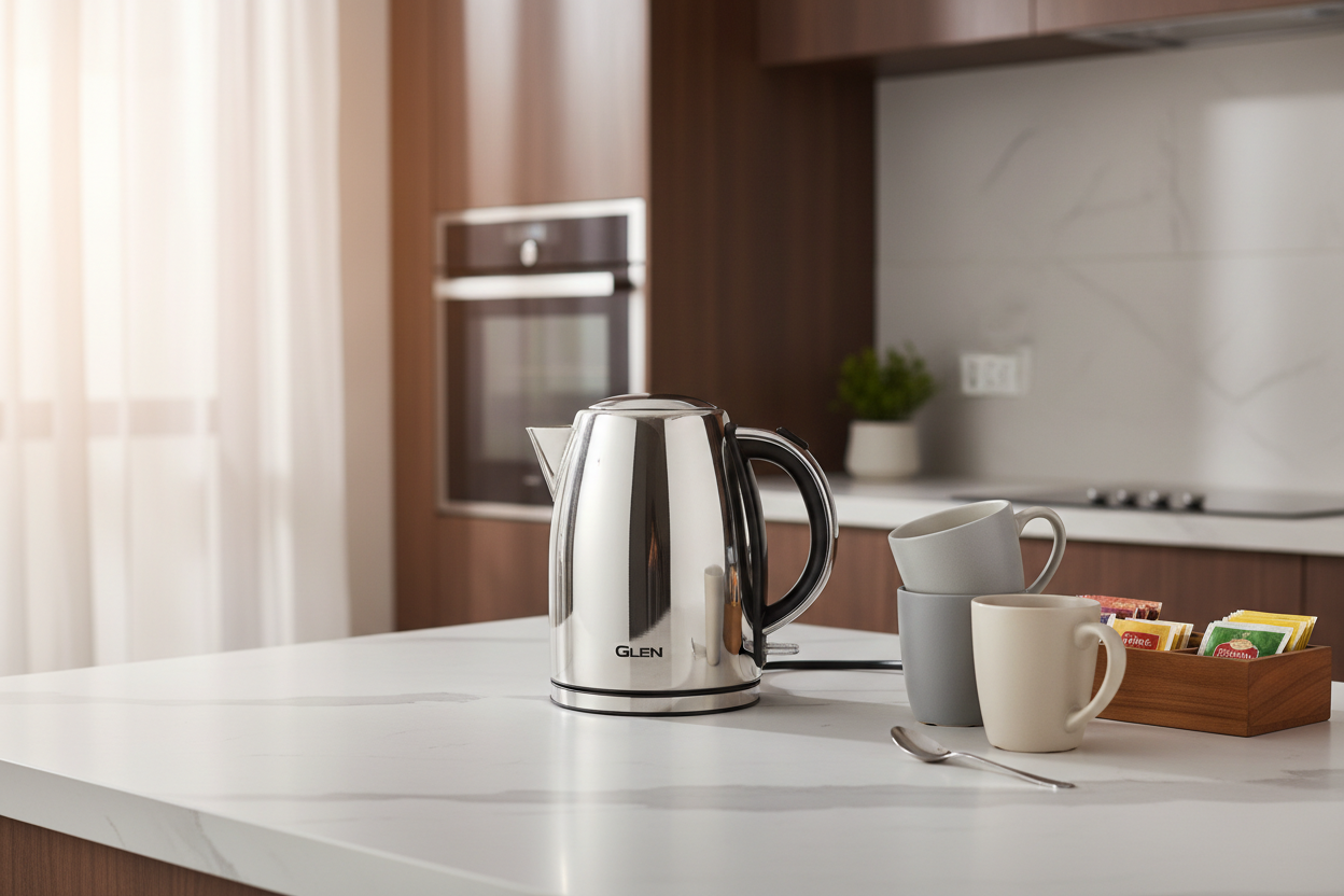 Glen Electric Kettle - Modern Kitchen Setup with Mugs and Tea Bags