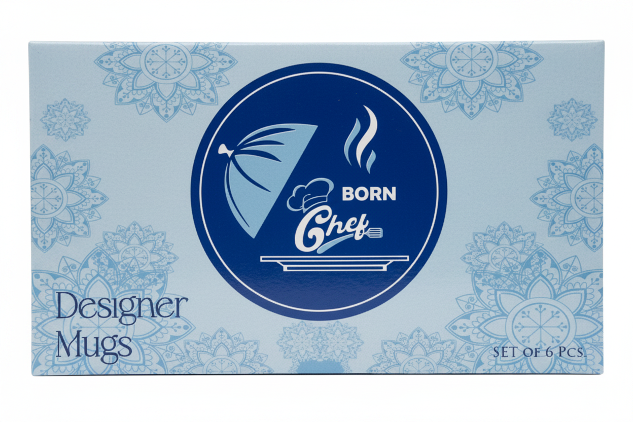Born Chef Designer Mugs Set of 6 Pcs Blue Gift Box Packaging White Background