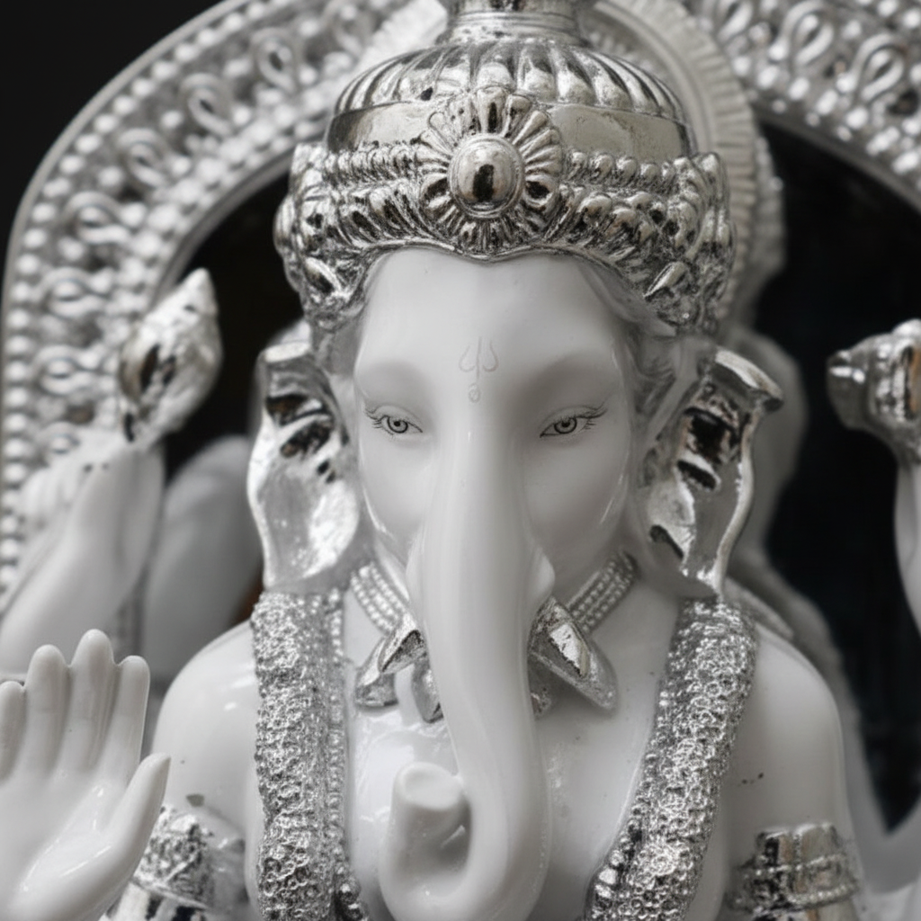 Silver Ganesha Singhasan - Face Close-up