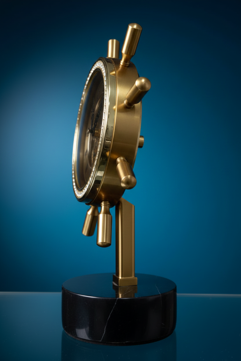 Nautical Ship Wheel Skeleton Clock - Side Profile Blue BG