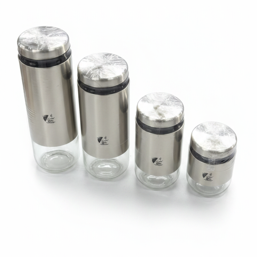 Born Chef BC-2100 4 Stainless Steel Glass Storage Jars White Background