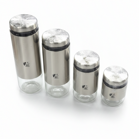 Born Chef BC-2100 4 Stainless Steel Glass Storage Jars White Background