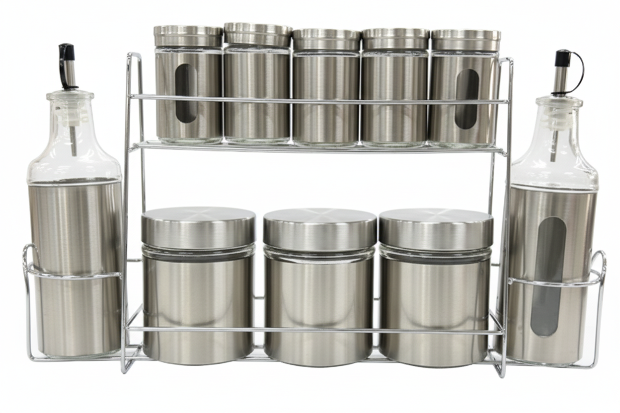 Born Chef BC-2102 10 Pcs Complete Kitchen Storage Set on Metal Rack White Background