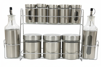 Born Chef BC-2102 10 Pcs Complete Kitchen Storage Set on Metal Rack White Background