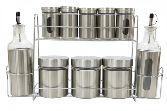 Born Chef BC-2102 10 Pcs Complete Kitchen Storage Set on Metal Rack White Background