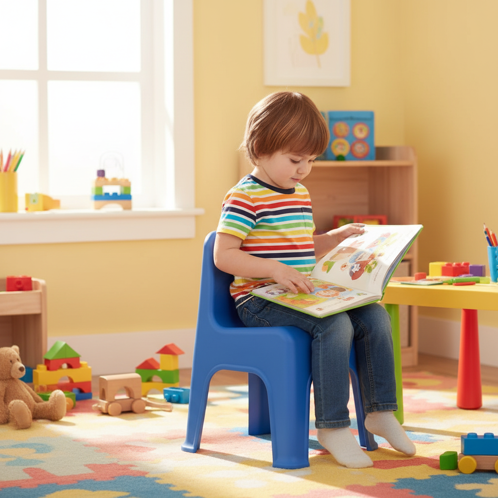 Child sitting on blue kids chair reading a book