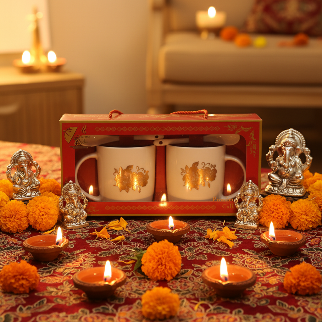 White Ceramic Mug Set Diwali Festive Gift Shot